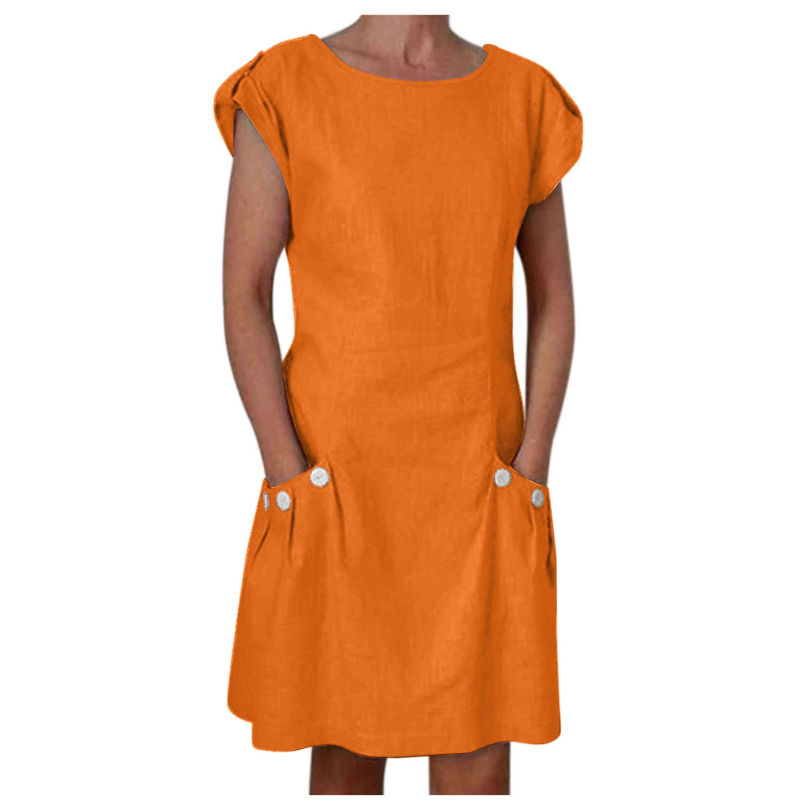 thumbnail image 2 of Vestido informal de mujer con cuello redondo, manga corta, botones, color liso y bolsillos, corte holgado y largo mini, 2 of 8